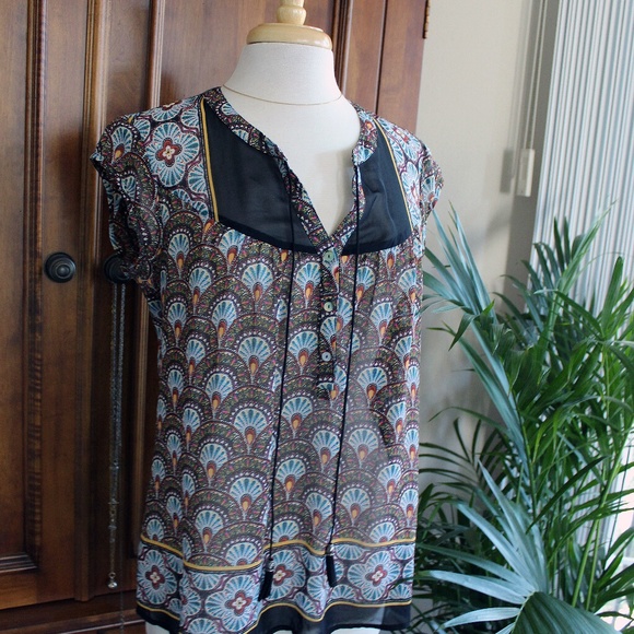 DR2 Sheer Cap Sleeve Blouse with Tassel Detail SZ US M - Picture 2 of 11